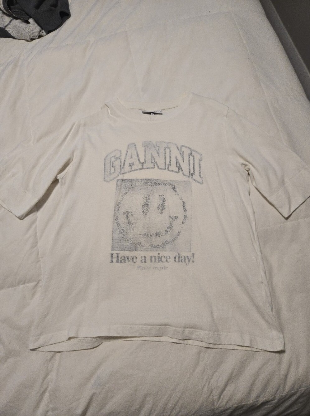 Ganni Cream Short Sleeve Tee with Smiley Graphic